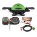 Weber Q 1200 Gas Grill (Green) with Adapter Hose and Thermometer Bundle