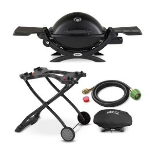 Weber Q1200 Liquid Propane Grill (Black) with Portable Cart, Adapter Hose, and Grill Cover