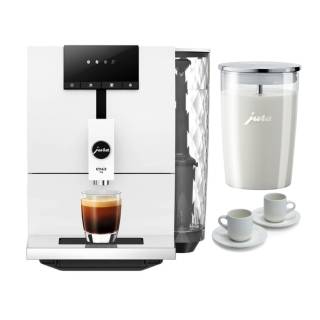 Jura ENA 4 Automatic Espresso Machine (Nordic White) with Glass Milk Container and Espresso Cup and Saucer Set