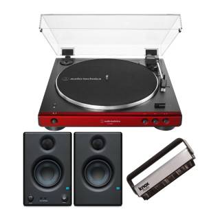 Audio-Technica AT-LP60X Bluetooth Turntable (Red) with PreSonus Eris E3.5 Bluetooth Monitors and Cleaning Brush