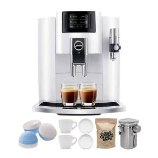 Jura E8 Automatic Espresso Machine (Piano White) Bundle with Cleaning Tablets, Cup Set, Coffee Canister, and Coffee