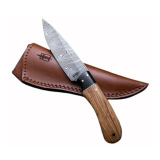 BucknBear Custom Handmade Fixed Blade Damascus Hunting Knife with Leather Sheath - Drop Point (Utility) (Olivewood/G10)