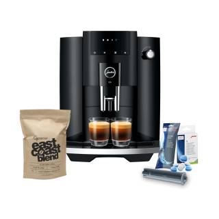 Jura E4 Coffee Machine (Piano Black) with Water Filter, Cleaning Tablets & Whole Bean Coffee