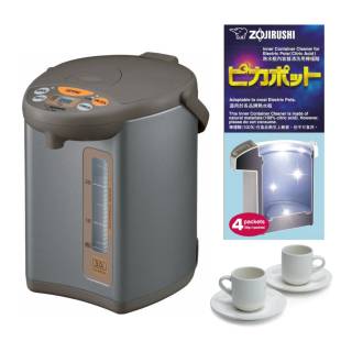 Zojirushi CD-WCC30 Micom Water Boiler and Warmer (Silver Dark Brown) with 4 Descaling Agents and Cup and Saucer Bundle