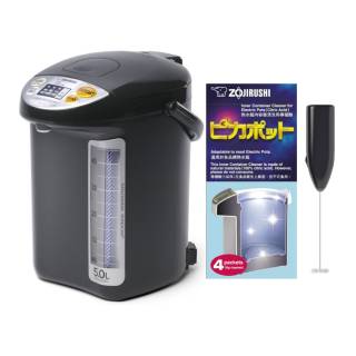 Zojirushi CD-LTC50 Commercial Water Boiler and Warmer (169 oz, Black) with 4 Descaling Agents and Milk Frother Bundle