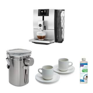 Jura ENA 8 Automatic Coffee Machine (Metropolitan Black)w/Coffee Canister, Espresso Cup & Saucer Set, & Descaling Liquid