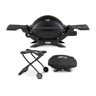Weber Q 1200 Gas Grill - LP Gas (Black) with Portable Cart and Grill Cover