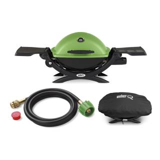 Weber Q 1200 Liquid Propane Grill (Green) with Adapter Hose and Grill Cover