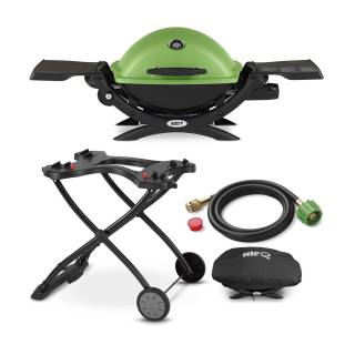 Weber Q 1200 Liquid Propane Grill (Green) with Portable Cart, Adapter Hose and Grill Cover