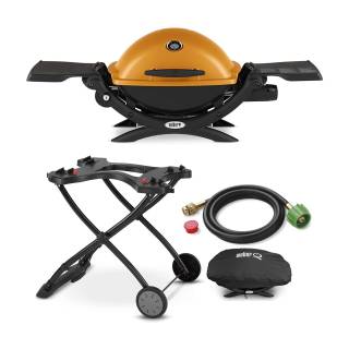 Weber Q1200 Liquid Propane Grill (Orange) with Portable Cart, Adapter Hose and Grill Cover