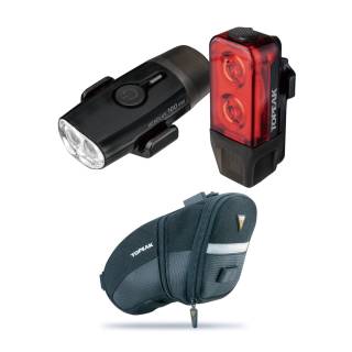 Topeak PowerLux USB Combination Light Set with Aero Wedge Pack QuickClick Bike Seat Bag (Large)