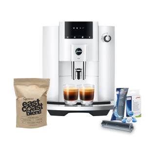 Jura E4 Automatic Coffee Machine (Piano White) with Water Filter, Cleaning Tablets and Whole Bean Coffee