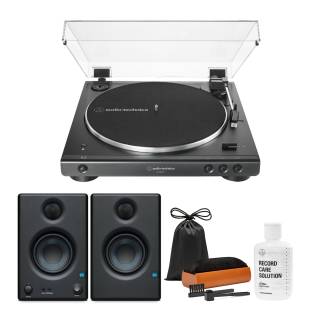 Audio-Technica AT-LP60X Bluetooth Turntable- Black with PreSonus Eris E3.5 Bluetooth Monitors and Knox Gear Cleaning Kit