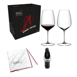 Riedel Veloce Cabernet Sauvignon 4 Glasses + Riedel Microfiber Polishing Cloth+ Houdini Deluxe Wine Pourer with Stopper