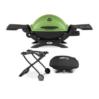 Weber Q 1200 Liquid Propane Grill (Green) w/ Grill Cover and Cart