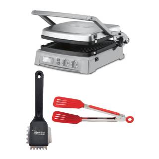 Cuisinart GR-150 Griddler Deluxe (Brushed Stainless) with Heavy Duty Small Grill Brush and 8-Inch Nylon Flipper Tongs