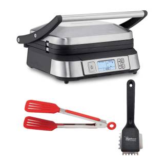 Cuisinart GR-6S Smoke-less Contact Griddler with Heavy Duty Small Grill Brush and 8-Inch Nylon Flipper Tongs Bundle