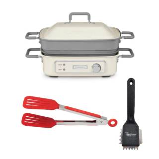 Cuisinart GR-M3 STACK5 Multi-Functional Grill with Heavy Duty Small Grill Brush and 8-Inch Nylon Flipper Tongs Bundle
