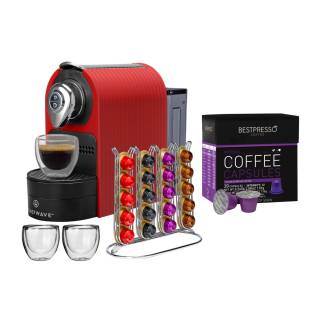 ChefWave Mini Espresso Machine with Holder and Cups (Red) and Coffee Capsules